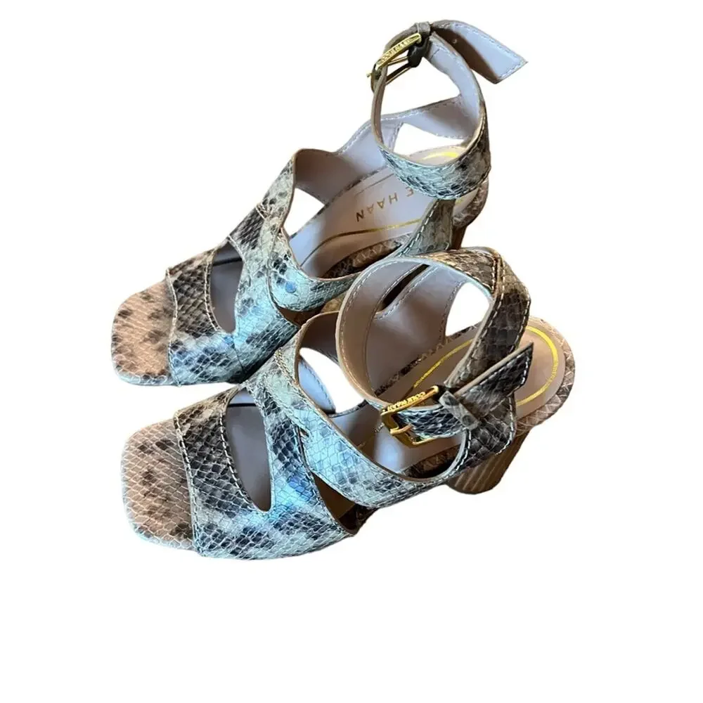 Cole Haan Reina City Sandals Leather Snake Print Ankle Strap Heels NEW Size 5